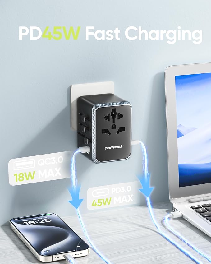 TenTrend Universal Travel Adapter, 45W International Power Adapter with 4 USB-C & 1 USB-A Ports, European Travel Plug Adapter, Worldwide Travel Essentials for EU UK AUS USA