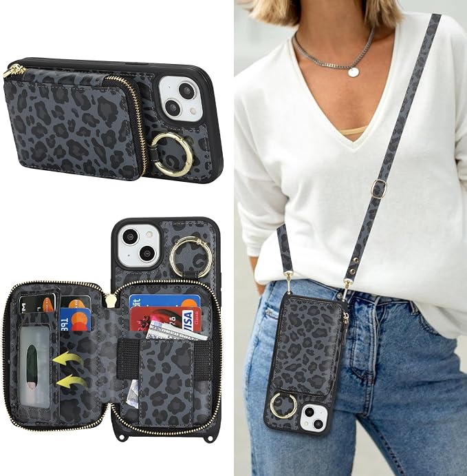 Crossbody Wallet Case for iPhone 14 Plus, PU Leather Zipper Handbag Purse Flip Cover, Kickstand Folio Case with Card Slots Holder Wrist Strap Lanyard 5G 6.7 Inch-Black Leopard