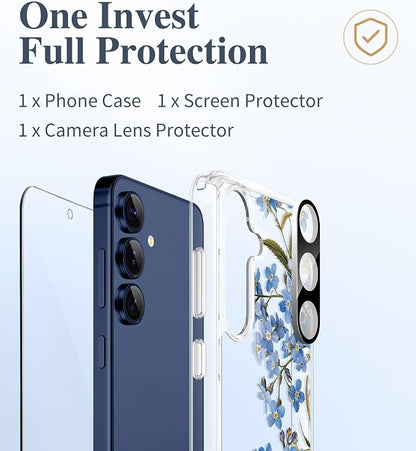 GVIEWIN for Samsung Galaxy S25 Case, Clear Floral Slim Shockproof Protective Women Phone Case, Non-Yellowing, with Screen Protector & Camera Lens Protector for Galaxy S25 6.2", Aconite/Blue