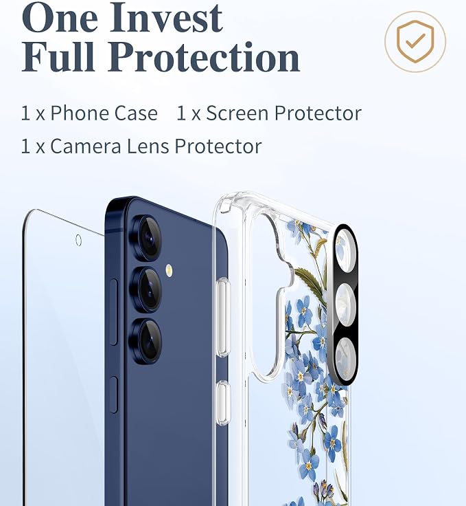 GVIEWIN for Samsung Galaxy S25 Plus Case, Clear Floral Slim Shockproof Protective Women Phone Case, Non-Yellowing, with Screen Protector & Camera Lens Protector for S25 Plus 6.7", Aconite/Blue