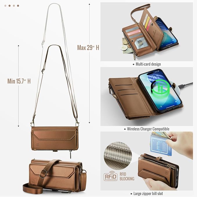 Strapurs Wallet Case Compatible with iPhone 17 6.3" RFID Blocking 9-Card Holder Soft PU Leather Magnetic Snap Shoulder Strap Zipper Pocket Phone Case Fit for iPhone 17 for Women - Brown