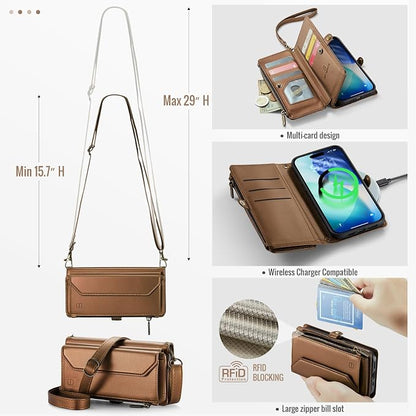 Strapurs Wallet Case Compatible with iPhone 17 6.3" RFID Blocking 9-Card Holder Soft PU Leather Magnetic Snap Shoulder Strap Zipper Pocket Phone Case Fit for iPhone 17 for Women - Brown