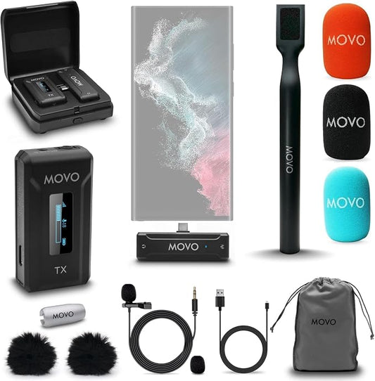 Movo WMX-2-C USB-C Wireless Lavalier Microphone for iPhone 15/Android/USB C Devices with WMX-HM Handheld Adapter - Lapel Mic with Handle Mount for Content Creators, Interviews, Reporting