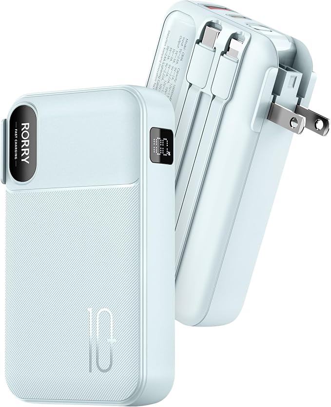 RORRY Portable Charger w/Wall Plug 10000mAh Power Bank 22.5W Battery Pack | Built in Cables, Fast Charging, for iPhone, iPad, Samsung Galaxy, Pixel, LG, Travel Essential, Digital Display, Pocket Size