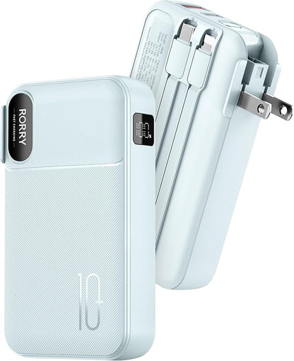 RORRY Portable Charger w/Wall Plug 10000mAh Power Bank 22.5W Battery Pack | Built in Cables, Fast Charging, for iPhone, iPad, Samsung Galaxy, Pixel, LG, Travel Essential, Digital Display, Pocket Size