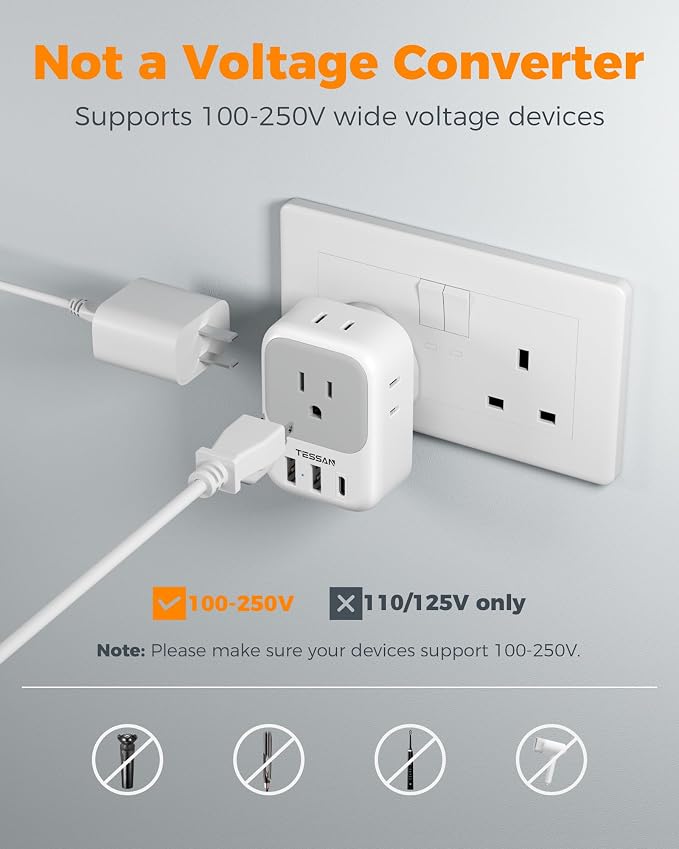 TESSAN UK Adapters for Travel, Type G Adaptor, 2 Pack | 4 Outlets 3 USB (1 USB C PD 20W), USA to Ireland Scotland Dubai Hong Kong England British Kenya London