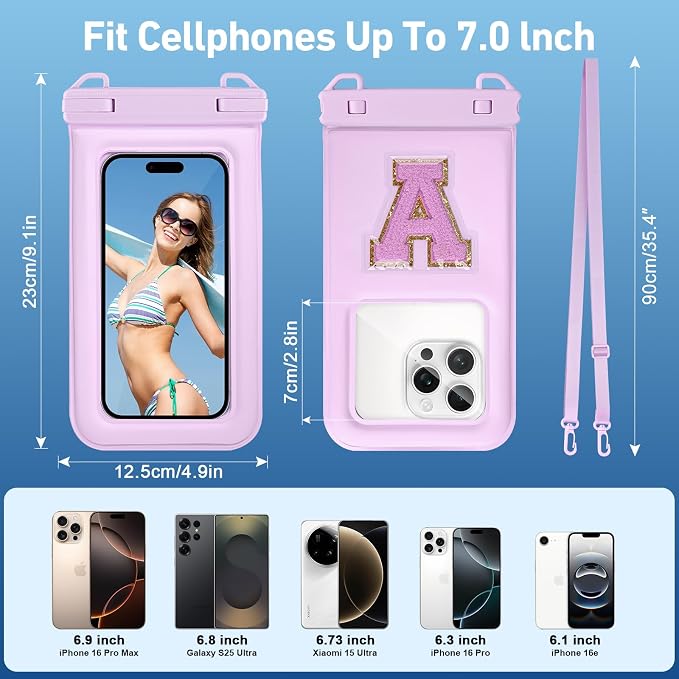 Waterproof Phone Pouch Floating, Fashion Letters Cell Phone Dry Bag for iPhone 17 16 15 14 13 Pro Max, Galaxy S25 S24 S23 S22 Ultra Google, Up to 7.5" Phones Purple