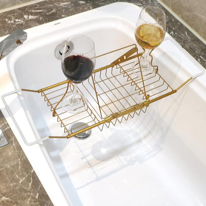 BDL Bathtub Caddy Expandable Bath Tub Tray Table with Wine Holder, Free Soap Dish and Laptop Reading Rack, Bathtub Tray for Home（Bronze）