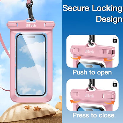 JETech Waterproof Phone Pouch, 2 Pack Water Proof Case for iPhone 17e 17 16e 16 15 14 Air Pro Max Plus, Galaxy S26 S25 Ultra, Pixel 10 Series and Others up to 7.2 Inch, IPX8 Dry Bag (Black+Pink)