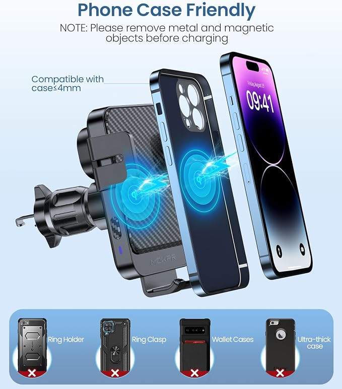 Wireless Car Charger, MOKPR 15W Fast Charging Auto-Clamping Car Mount Universal Hands-Free Car Charger Mount for Dash Windshield Air Vent Compatible with iPhone 15/14/13/12, Samsung S23/S22/S21 Black