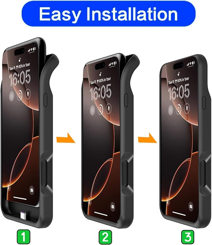 Battery Case for iPhone 16 Pro, 10000mAh Battery Pack Rechargeable Charger Case Support Carplay with Wireless Charging Compatible for iPhone 16 Pro (6.3 inch) External Battery Charging Cover(Black)