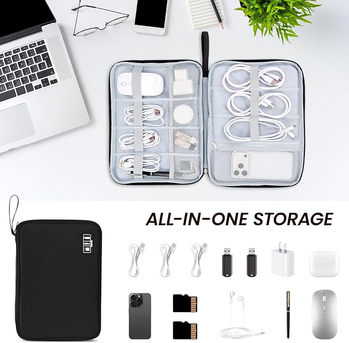 Large Slim Cable Organizer Travel Case, Single-Layer Electronic Accessories Pouch for Chargers, Cords, Power Bank, Mouse and SD Cards, 12.6 x 9.45 x 1.57 Inches