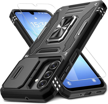 DEERLAMN Case for Samsung Galaxy A17 5G with Slide Camera Cover+Screen Protector (1 Pack), Rotated Ring Kickstand Military Grade Shockproof Protective Cover-Black