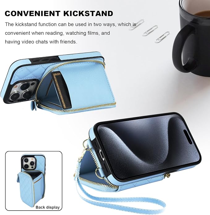 Bocasal Crossbody Wallet Case for iPhone 15 Pro, RFID Blocking PU Leather Zipper Handbag Purse Flip Cover, Kickstand Folio Case with Card Slots Holder Wrist Strap Lanyard 5G 6.1 Inch (Blue)