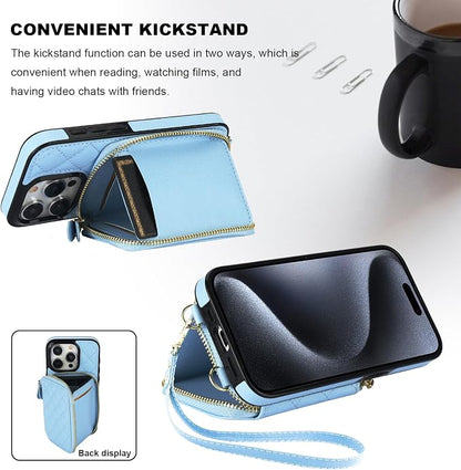Bocasal Crossbody Wallet Case for iPhone 15 Pro, RFID Blocking PU Leather Zipper Handbag Purse Flip Cover, Kickstand Folio Case with Card Slots Holder Wrist Strap Lanyard 5G 6.1 Inch (Blue)