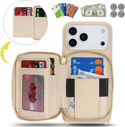 Crossbody Wallet Case for iPhone 17 Pro Max, PU Leather Zipper Handbag Purse Flip Cover, Kickstand Folio Case with Card Slots Holder Wrist Strap Lanyard 5G 6.9 Inch-White