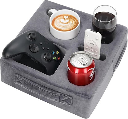 STBoo Couch Cup Holder Pillow - Sofa Drink Cup Holder Cozy Buddy | Bed Caddy Organizer Holds Remote, Snacks, Phones | Waterproof Anti-Spill Sofa Beverage Tray for Car, Pack, Beach, RV, Boat (Grey)