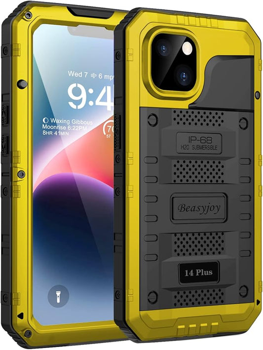 Beasyjoy for iPhone 14 Plus Case, IP68 Waterproof Metal Heavy Duty Defender Case with Built-in Screen Protector, Military Grade Full Body Protective Defender Shockproof Rugged Cover 6.7 Inch, Yellow