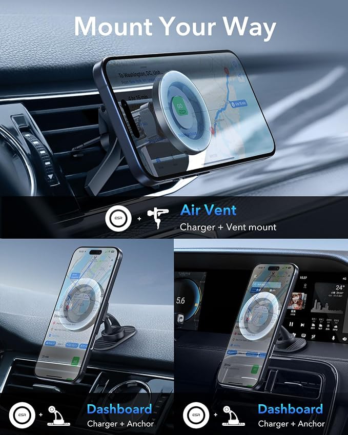 ESR for MagSafe Car Mount, Magnetic Phone Holder for Car Air Vent, Car Phone Holder Mount for iPhone 17e/17/16/16e/15/14/13/12/Samsung, All Smartphones(2 Metal Rings Included),Charging Not Supported