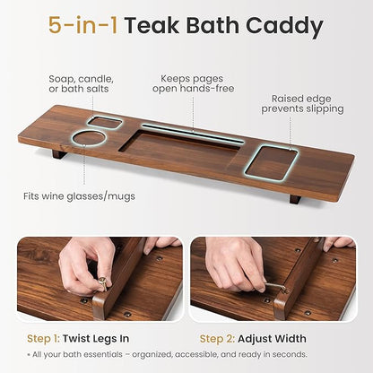 Luxury Teak Bathtub Caddy Tray - 35" Expandable Bath Bridge for Freestanding & Standard Tubs - Water-Resistant Solid Wood Spa Organizer with Wine Glass, Phone Holder & Non-Slip Grips