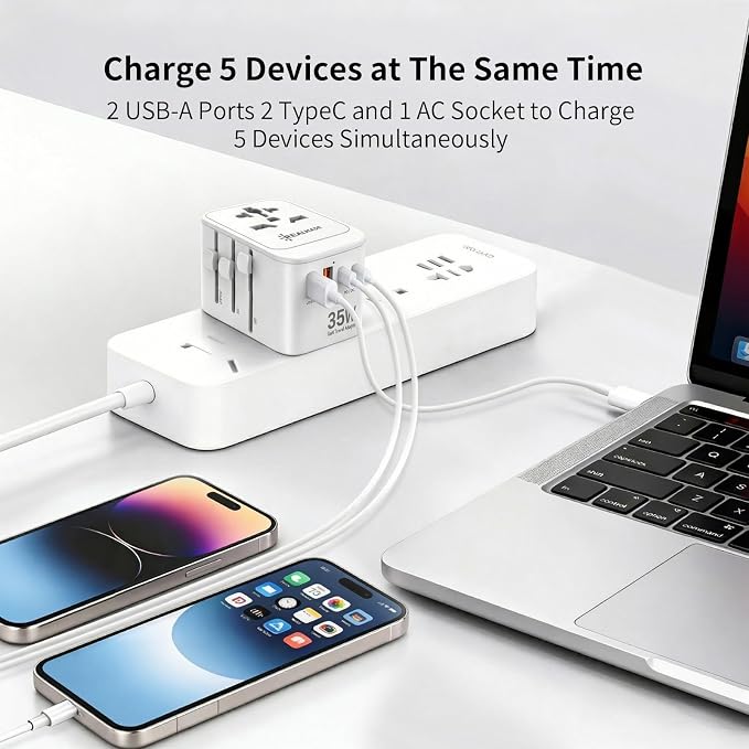 Realmade 35W PD International All-in-One Travel Adapter, 2C+2A White 5-in-1 | 5-Port 1AC 2USB-A 2USB-C all-in-one international plug for EU US UK travel essential