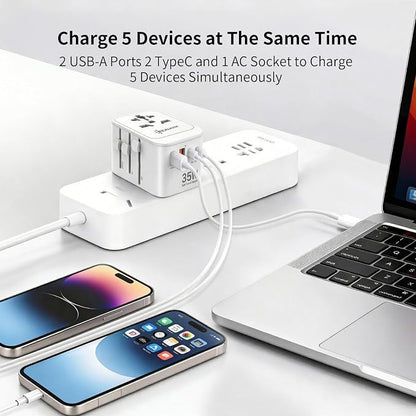 Realmade 35W PD International All-in-One Travel Adapter, 2C+2A White 5-in-1 | 5-Port 1AC 2USB-A 2USB-C all-in-one international plug for EU US UK travel essential