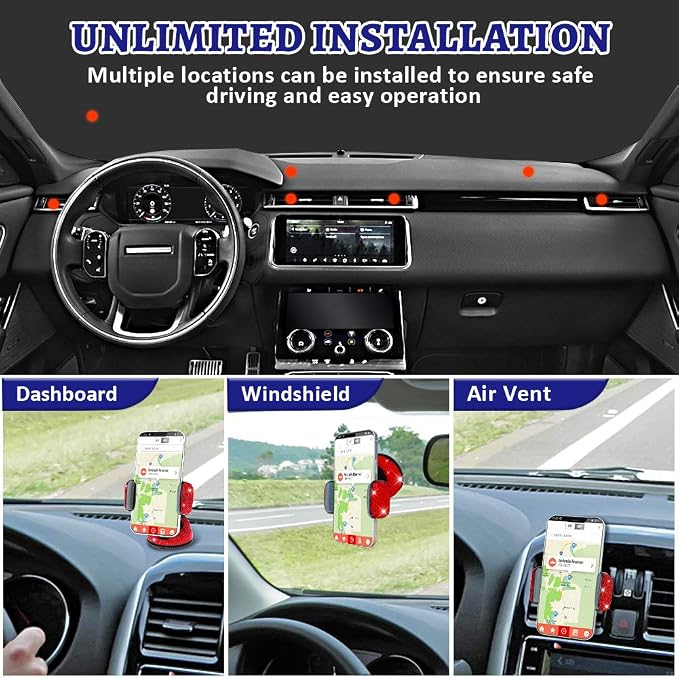 eing Car Phone Mount Bling Crystal Cell Phone Holder with One More Air Vent Base,Universal Universal Phone Car Air Vent Mount Holder Cradle for Dashboard,Windshield and Air Vent,Red