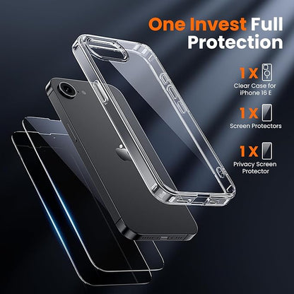 3 in 1 for iPhone 16E Case Clear/iPhone 17E Case [Yellowing-Resistant Acrylic Back] Screen Protector *2, Shockproof for iPhone 16e & 17e Case 6.1 inch Clear