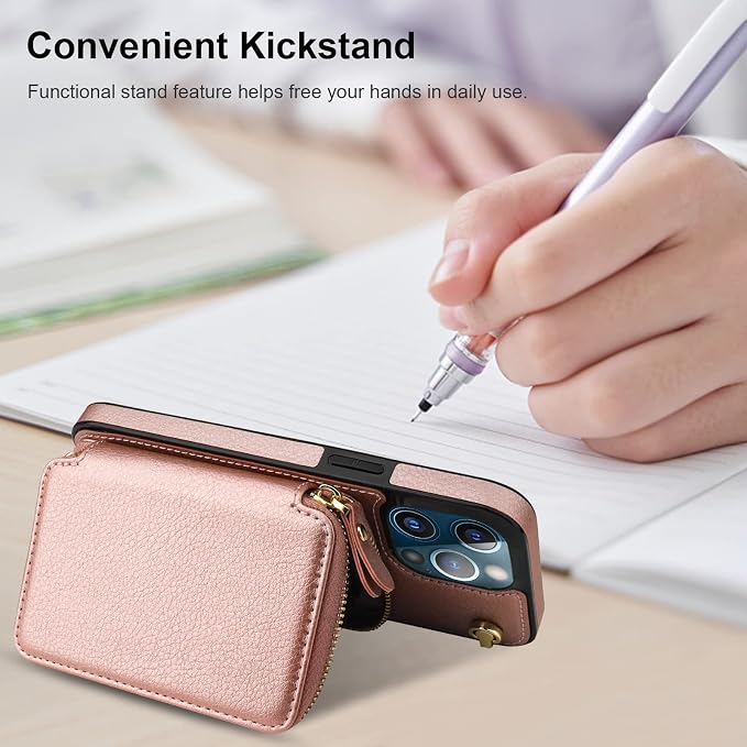 Bocasal Crossbody Wallet Case for iPhone 13 Pro Max, RFID Blocking Leather Purse Case with Card Holder, Protective Handbag Flip Cover with Zipper Wrist Strap Lanyard for Women 5G 6.7 Inch (Rose Gold)