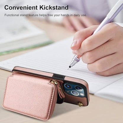 Bocasal Crossbody Wallet Case for iPhone 13 Pro Max, RFID Blocking Leather Purse Case with Card Holder, Protective Handbag Flip Cover with Zipper Wrist Strap Lanyard for Women 5G 6.7 Inch (Rose Gold)