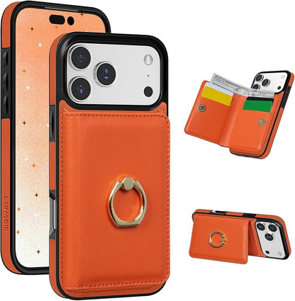 LOHASIC for iPhone 17 Pro Case Wallet with Card Holder, 360° Rotation Ring, RFID Blocking, 5 Card Slots, PU Leather 6.3" Cover for Apple 17 Pro Men Women, Orange