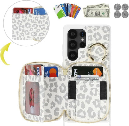 Crossbody Wallet Case for Galaxy S25 Ultra, PU Leather Zipper Handbag Purse Flip Cover, Kickstand Folio Case with Card Slots Holder Wrist Strap Lanyard -White Leopard