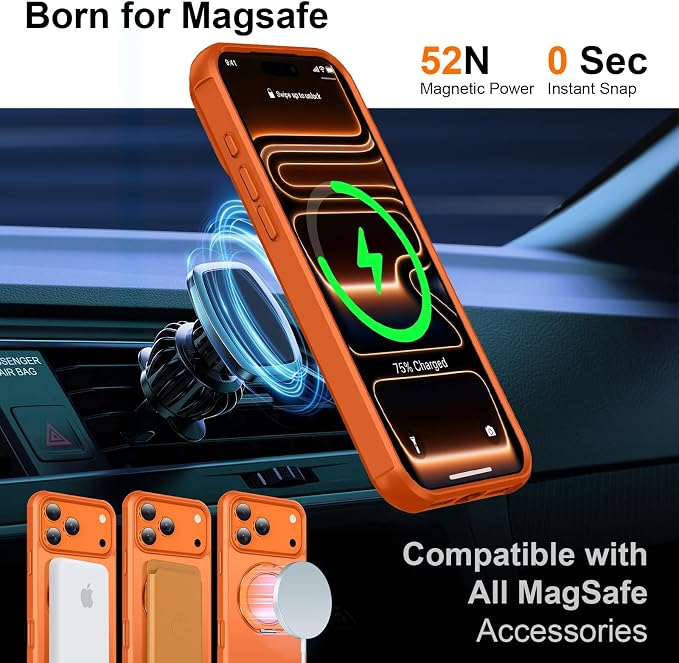 360° Magnetic Swivel Ring for iPhone 17 pro max case, Built-in Metal Stand and Ring Holder, Magsafe Compatible, Military Grade Protection, Shockproof - Orange