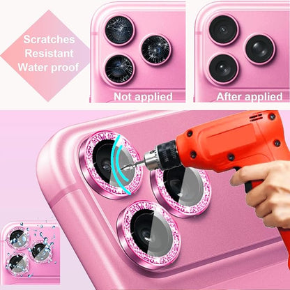 Compatible for iPhone 17/17 Pro/iPhone 17 Pro Max Camera Lens Protector Bling, Cute Sparkle Glitter Camera Cover for Women, Individual Ring, Anti-Scratch (3 Protectors + 1 Extra), Pink
