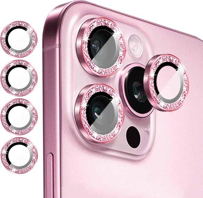 Compatible for iPhone 16 Pro/iPhone 16 Pro Max Camera Lens Protector Bling, Cute Sparkle Glitter Luxury Camera Cover for Women, Anti-Scratch (3 Protectors + 1 Extra), Pink