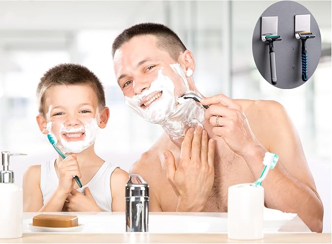 Razor Holder Shaver Hook Hanger Stand Caddy (2 Pack) Self Adhesive Stick on Hook Heavy Duty Stainless Steel Phone Holder for Shower, Tools for Hanging Washcloth Towel Loofah for Bathtub Wall, Black