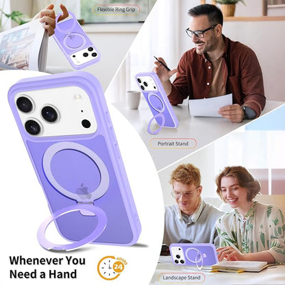 Ultra-Magnetic Stand for iPhone 17 Pro Case [Military Drop Protection] [Compatible with MagSafe] Shockproof Translucent Matte Slim Ring Holder Case for iPhone 17 Pro (Lavender Purple)