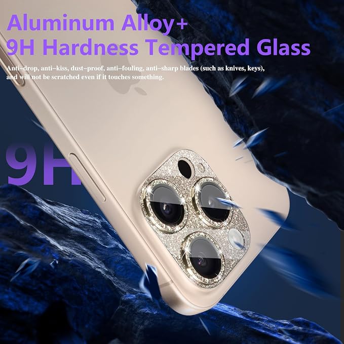 Camera Lens Protector for iPhone 16 Pro/iPhone 16 Pro Max, Glitter Camera Cover with 9H Tempered Glass Metal Ring, Lens Protector for iPhone 16 Pro/16 Pro Max (Glitter-Titanium Gold)