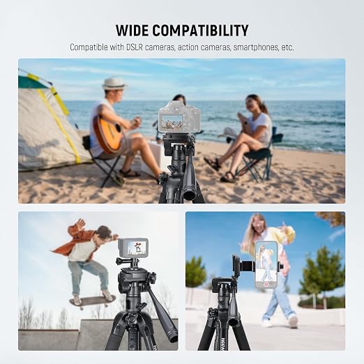 NEEWER Basic 74" Video Tripod Monopod, 3 Way Pan Tilt Head, Remote, Overhead Camera Mount, Horizontal Central Axis, Phone Holder Compatible with iPhone DSLR Telescope Projector, Max Load 17.6lb, TP05
