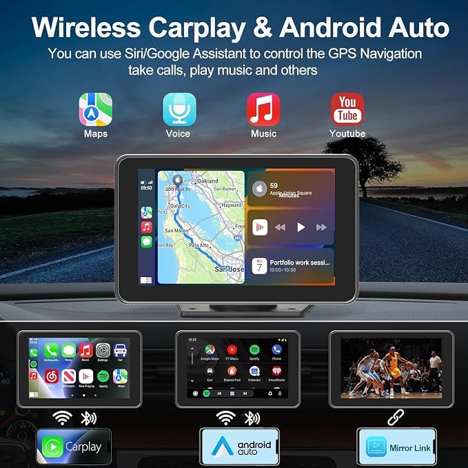 Wireless CarPlay & Android Auto Car Stereo - 7" HD Portable Touchscreen with Bluetooth 5.2, GPS Navigation, Mirror Link, Backup Camera, AUX & FM - Plug & Play for All Vehicles
