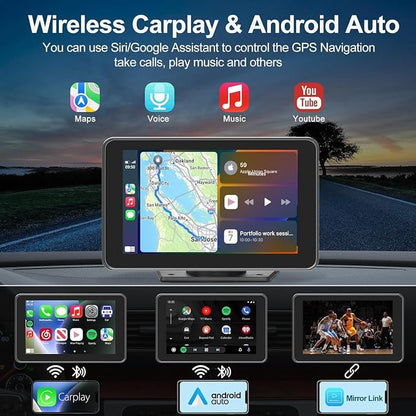Wireless CarPlay & Android Auto Car Stereo - 7" HD Portable Touchscreen with Bluetooth 5.2, GPS Navigation, Mirror Link, Backup Camera, AUX & FM - Plug & Play for All Vehicles