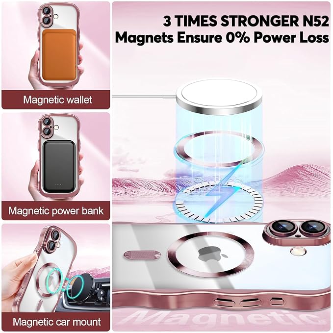 Misscase for iPhone 17 Case with Privacy Screen Protector,Compatible with MagSafe,Cute Wave Frame Anti-Scratch Case with Camera Lens Protector Plating Bling Case for iPhone 17 6.3" Women Pink
