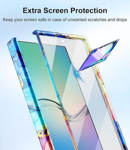 Btscase for Samsung Galaxy Z Fold 7 Case,Built in Front Screen Protector,Gold Glitter Marble Pattern Hard PC Slim Shockproof Full Body Drop Protective Case for Galaxy Z Fold 7 5G, Bright Blue
