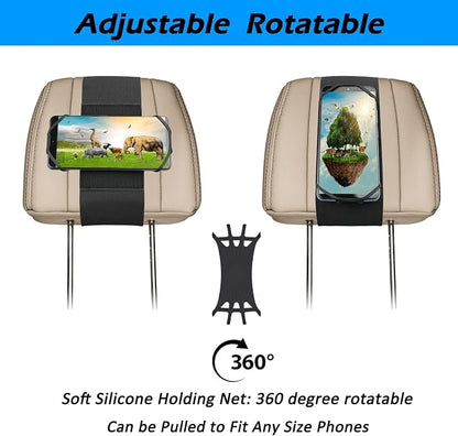 Car Headrest Phone Holder for Kids Back Seat - Compatible with iPhone, Samsung and Other Cell Phones - Soft Adjustable Silicone Holding Net (for Phone 2 Pack)