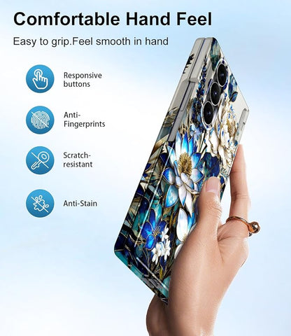 Btscase for Samsung Galaxy Z Fold 7 Case,Built in Front Screen Protector,Gold Glitter Marble Pattern Hard PC Slim Shockproof Full Body Drop Protective Case for Galaxy Z Fold 7 5G, Blue Floral