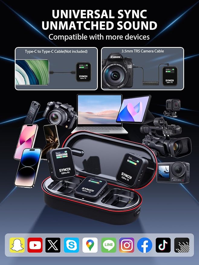 SYNCO G2(A2) Pro Dual Wireless Lavalier Mic with Charging Case 48KHz 24Bit for Vlogging Live Streaming Interviews Lapel Microphone 656FT for Camera Smartphone Tablet