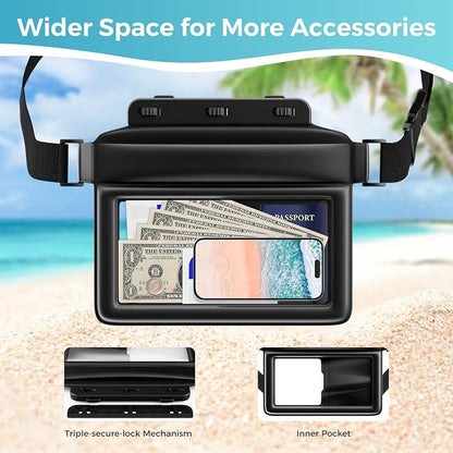 JOTO Large Floating Waterproof Phone Pouch with Adjustable Waist Strap, Water Proof Fanny Pack Dry Bag Wallet for Cellphone Passport Watch and Valuables, Beach Essential for Swimming Snorkeling -Black