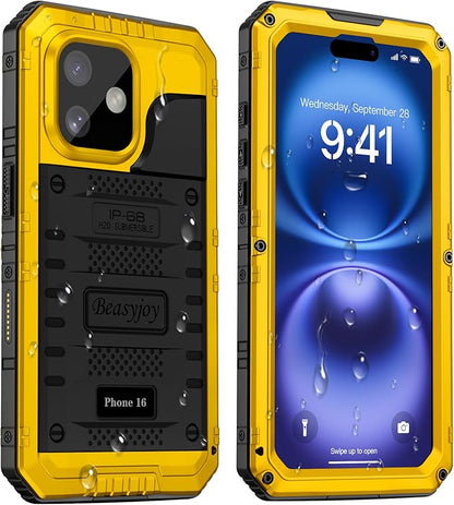 Beasyjoy for iPhone 16 Case Waterproof, Metal Heavy Duty Full Body Protective Case with Built-in Screen Protector, Military Grade Shockproof Dustproof Defender Rugged Cover for iPhone 16 6.1" Yellow