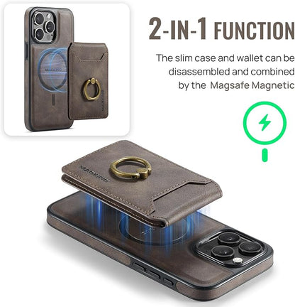SZHAIYU 2 in 1 Detachable Magnetic Phone Cases Compatible with iPhone 14 Pro Max Case with Card Holder Ring , Compatible with Magsafe Wallet, Leather Men 6.7'' RFID Blocking (Coffee,iPhone 14 Pro Max)
