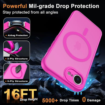 MOCCA Strong Magnetic for iPhone 17e Case/iPhone 16e Case [Compatible with Magsafe] [Full Camera Protection] Slim Translucent Matte Shockproof Phone Case for iPhone 17e / 16e 6.1", Hot Pink